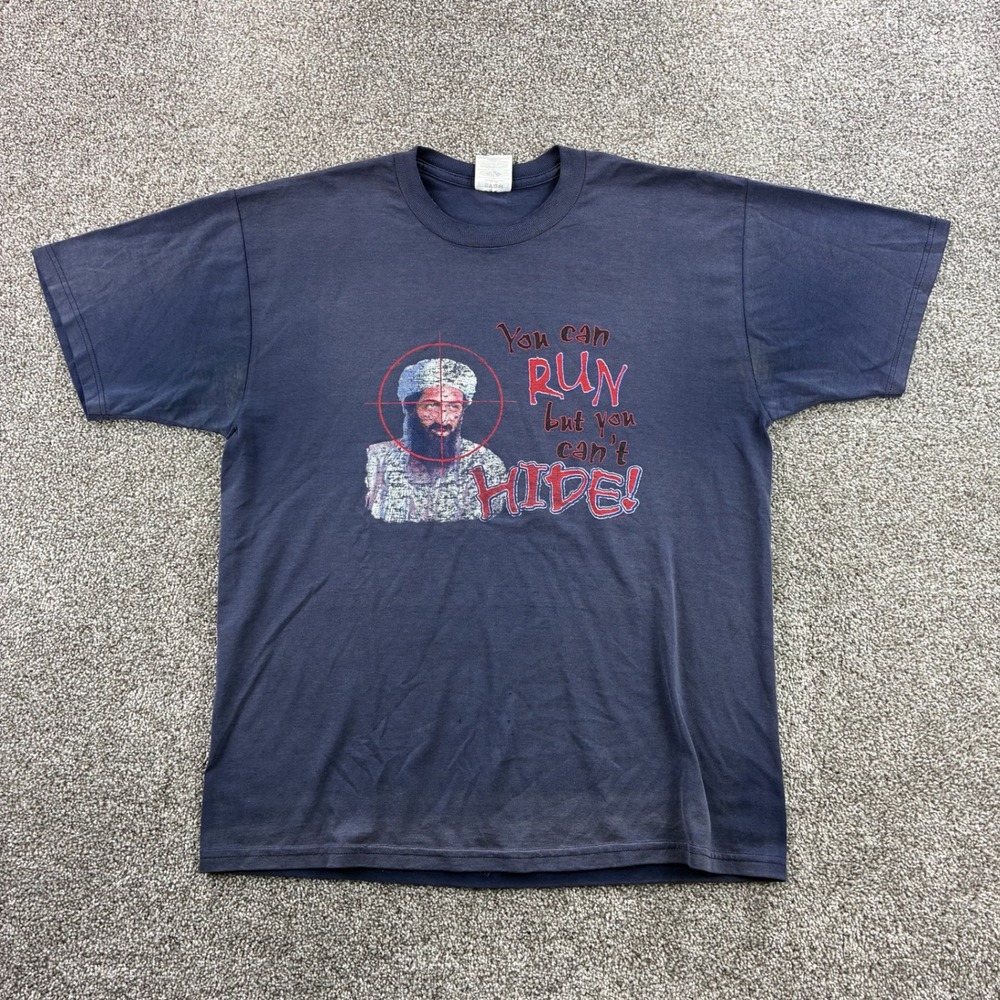 Vintage Osama Bin Laden Shirt Mens Large Blue Faded Navy Seals Military Headshot